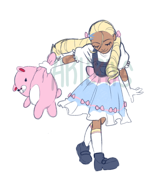 From 2023. A young girl in a overall dress holding a big, pink teddy bear.