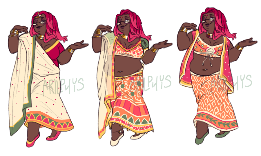 From 2024. Three versions of a woman with long, floppy bunny ears. She is wearing a saree and two different lehenga and choli designs, respectively.