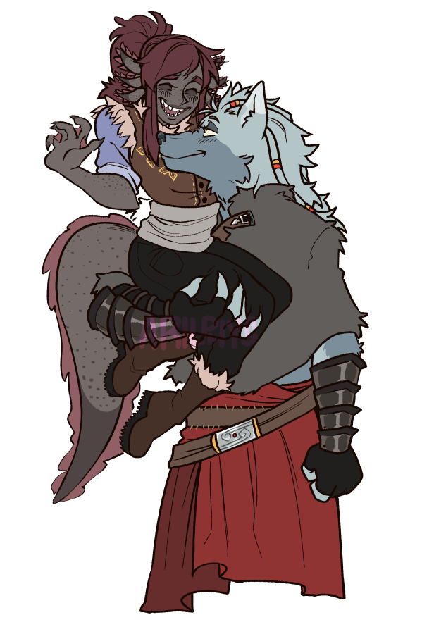 Commission for Akumers from 2023. A wolf anthro holds up an axolotl anthro with one arm, while the two look lovingly at eachother.