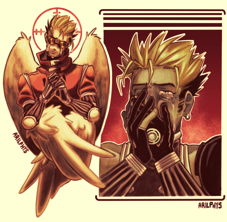 From 2022. Fanart of Vash the Stampede from Trigun crying with a halo shaped like a crosshair.