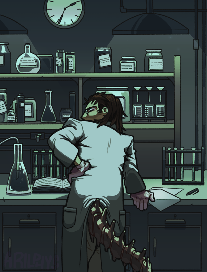 Commission for nidorino from 2023. A scientist looking over his shoulder, leaned over a busy counter in a dark lab.