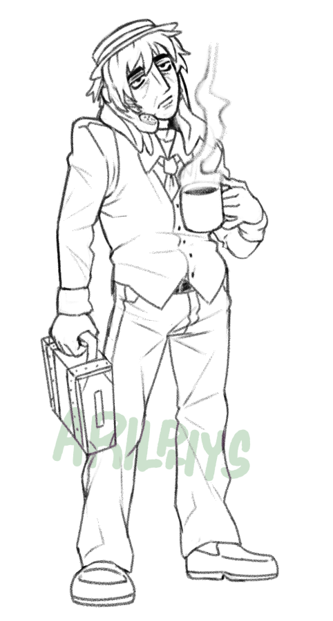 Commission for nidorino from 2024. A tired businessman with rabbit ears holding coffee and a suitcase.